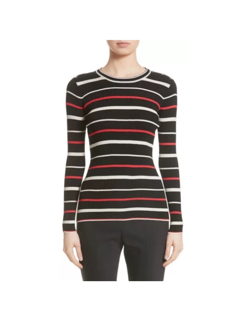 ST JOHN Stripe Crewneck Sweater, Cavair/Tikka Red Multi Size M New w/Tag